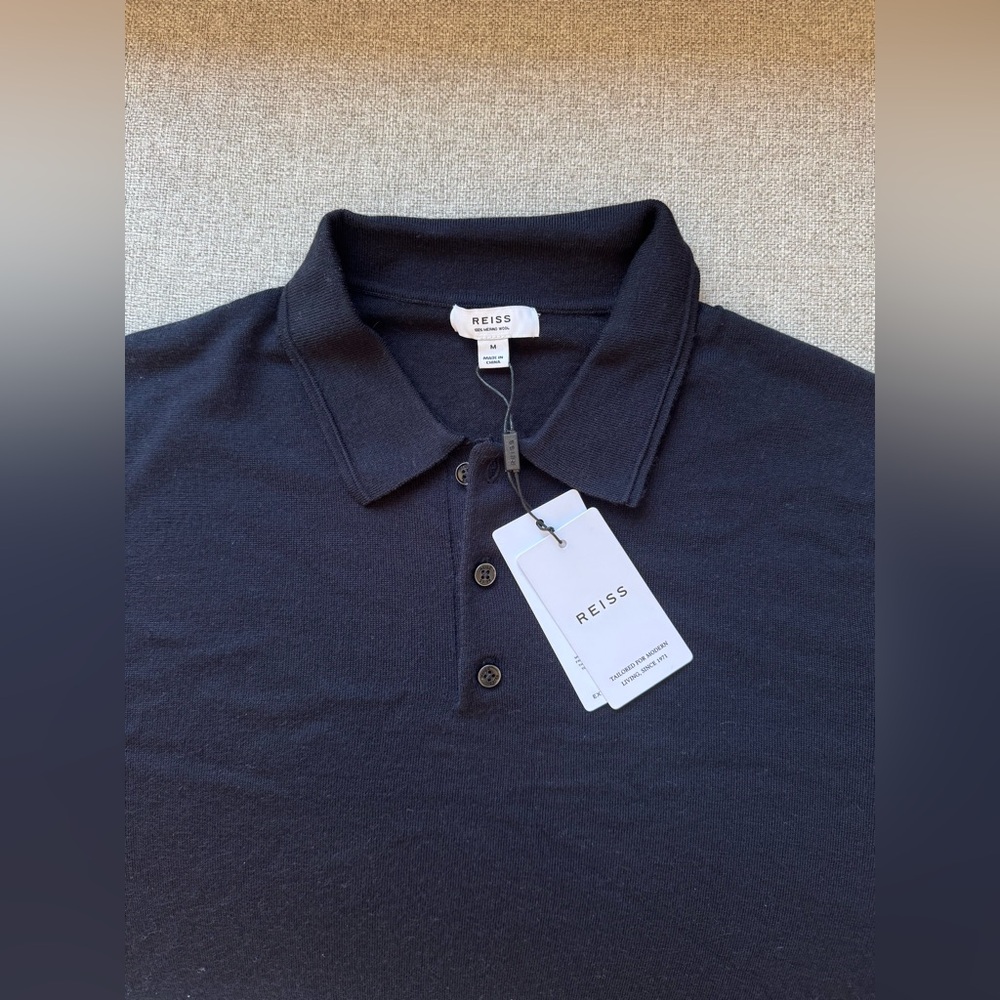 NWT Reiss Navy Merino Wool Long Sleeve Polo